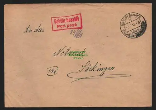 B10463 Brief BAZ Gebühr bezahlt 1946 Niedereschach über Villingen nach Säckingen