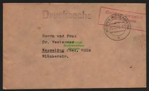 B10502 Brief BAZ Gebühr bezahlt Kempen Niederrhein 1945 nach Wesseling