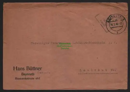 B10581 Brief BAZ Gebühr bezahlt 1946 Bayreuth nach Landshut