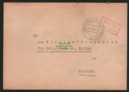 B10524 Brief BAZ Gebühr bezahlt 1946 Waldkirchen Niederbay nach München