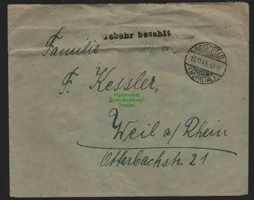 B10543 Brief BAZ Gebühr bezahlt 1945 Rotenfels Murgtal nach Weil a. Rhein