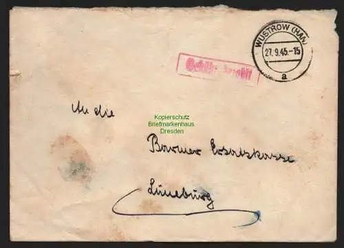 B10498 Brief BAZ Gebühr bezahlt 1945 Wustrow Han nach Lüneburg