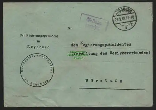 B10580 Brief BAZ Gebühr bezahlt 1946 Regierungspräsident Augsburg nach Würzburg