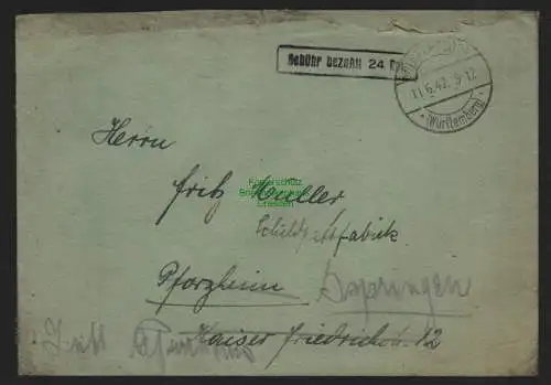 B10506 Brief BAZ Gebühr bezahlt 1947 Wilhelmsdorf Württemberg nach Pforzheim