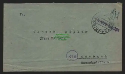 B10553 Brief BAZ Gebühr bezahlt 1945 Straubing nach Ansbach