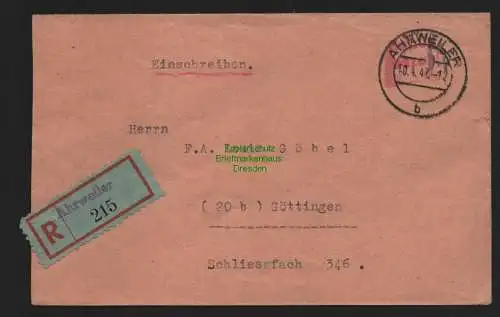 B10512 Brief BAZ Gebühr bezahlt 1947 Ahrweiler Einschreiben nach Göttingen