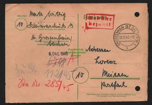 B10386 Postkarte SBZ Gebühr bezahlt 1945 Grossenhain Bz. Dresden nach Meissen