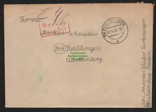 B10600 Brief BAZ Gebühr bezahlt 1947 Furthwangen nach Reutlingen