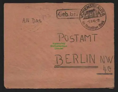 B10500 Briefvorderseite  BAZ Gebühr bezahlt 1946 Vohenstrauss nach Berlin