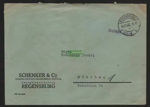B10541 Brief BAZ Gebühr bezahlt 1945 Regensburg nach München Schenker & Co.