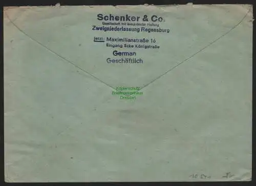 B10541 Brief BAZ Gebühr bezahlt 1945 Regensburg nach München Schenker & Co.