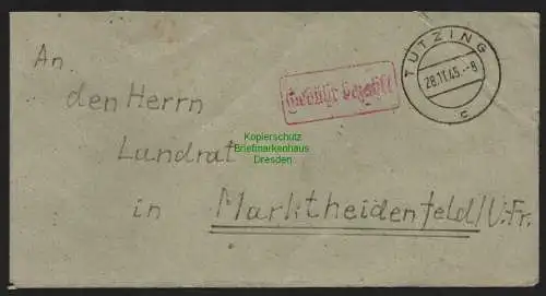 B10483 Brief BAZ Gebühr bezahlt 1945 Tutzing nach Marktheidenfeld