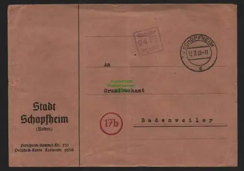 B10516 Brief BAZ Gebühr bezahlt 1948 Stadt Schopfheim a Grundbuchamt Badenweiler