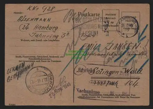 B11101 Notganzsache BAZ Gebühr bezahlt 1946 Hamburg nach Solingen Wald