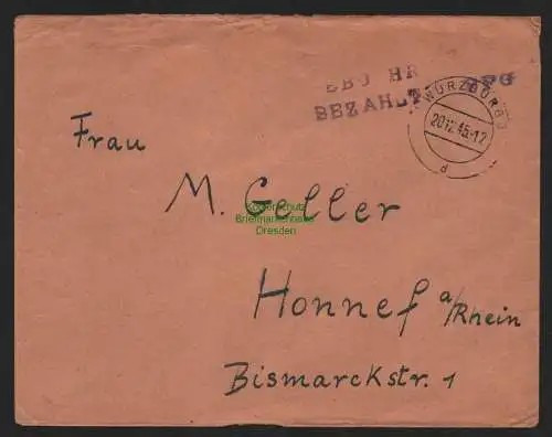 B11095 Brief BAZ Gebühr bezahlt 1945 Würzburg nach Honnef a. Rhein