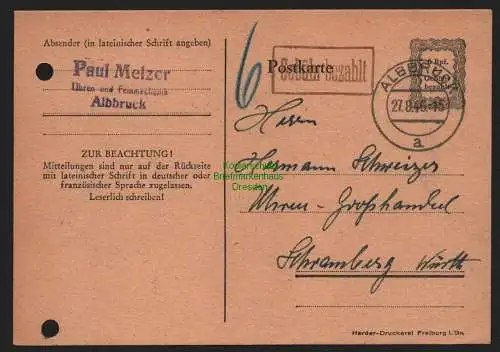 B11053 Notganzsache BAZ Gebühr bezahlt 1946 Albbruck P833 nach Schramberg
