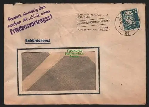 B10722 Brief DDR Propaganda Berlin 1952 Fordert einmütig den Abschluss eines