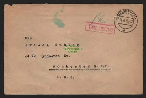 B11112 Brief BAZ Gebühr bezahlt Taxe percue 1947 Schopfheim nach Rochester USA