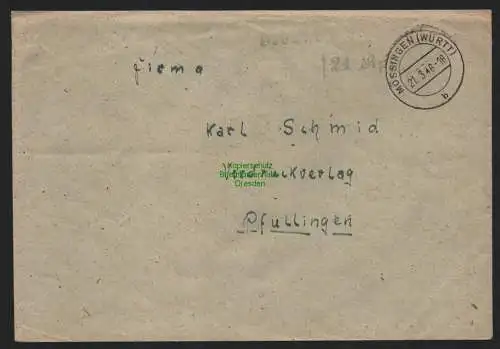 B11086 Brief BAZ Gebühr bezahlt 1946 Mössingen Württ. nach Pfullingen