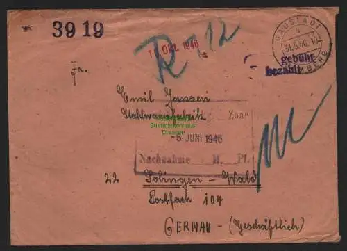 B11096 Brief BAZ Gebühr bezahlt 1946 Gaustadt über Bamberg nach Solingen Wald