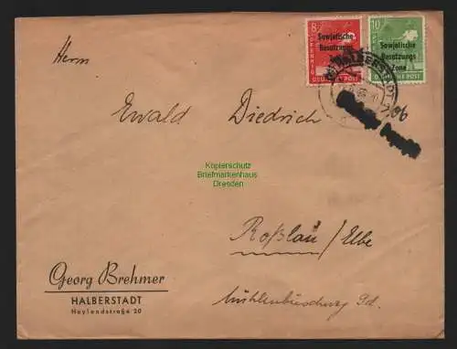 B11066 Brief SBZ Gebühr bezahlt Halberstadt Teil-Barfrankatur nach Roßlau 1948