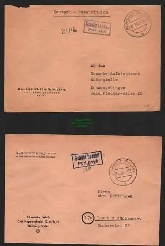 B11120 2x Brief BAZ Gebühr bezahlt 1947 Port paye Blumberg Baden Donaueschingen