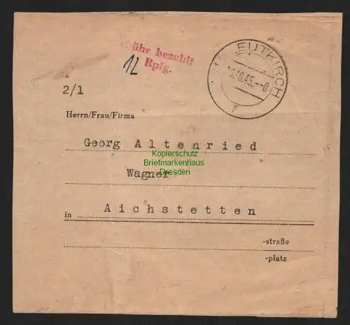 B11098 Faltbief Vorderseite BAZ Gebühr bezahlt 1945 Leutkirch nach Aichstetten