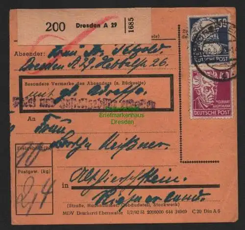 B11249 SBZ DDR Paketkarte Dresden A 29 1951nach Riesa Zustellgebühr 2x 217 rücks