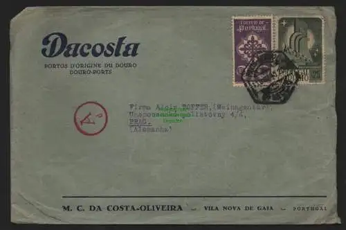 B11347 Brief Vila Nova de Gaia Portugal Zensur roter Stempel 1940 n. Prag Praha