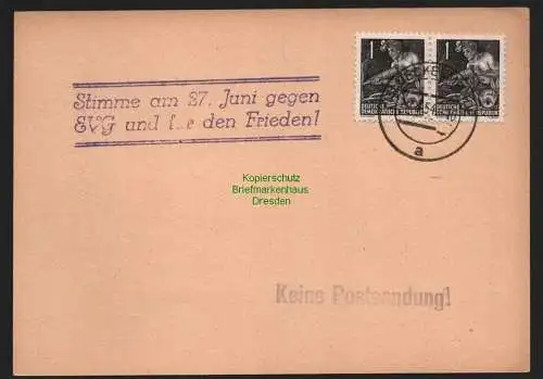 B11470 Karte DDR Propaganda Ueckermünde 1954 Stimme am 27. Juni gegen EVG und