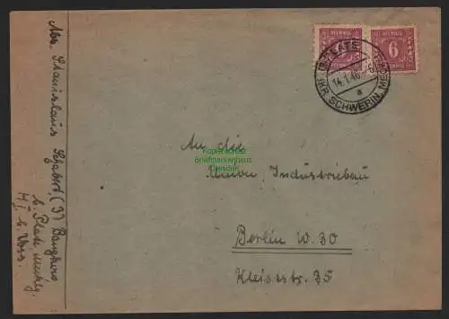 B11238 Brief SBZ Mecklenburg 1946 Plate Kr Schwerin Meckl. nach Berlin gepr. Sch