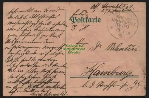 B11516 Postkarte MSP 30 15.1.15 Marine Schiffspost nach Hamburg SMS Rheinland