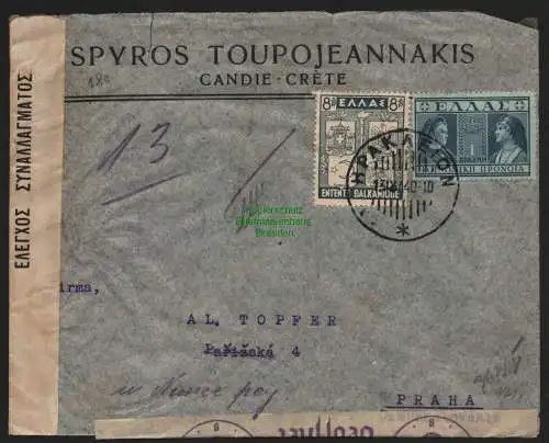 B11327 Brief CANDIE CRETE Iraklio Deutsche + griechische Zensur nach Prag 1940