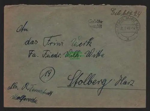B11450 Brief SBZ Gebühr bezahlt Wolferode Mansf. Seekreis 1945 an Friwi Stolberg