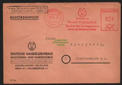 B11463 Brief DDR Propaganda Berlin 1950 Eure Stimmen … Einheit Frieden Aufbau