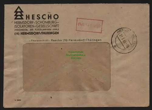 B11259 Brief Hermsdorf Thür. Gebühr bezahlt 1945 HESCHO Isolatoren Gesellschaft