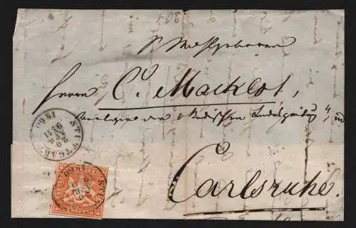 B11748 Briefvorderseite Württemberg 12a Stuttgart 1860 nach Carlsruhe