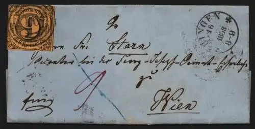 B11634 Brief Thurn & Taxis 10 vollrandig Bingen 1858 ohne Monat 97 nach Wien