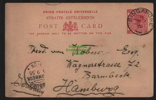 B11525 Ganzsache Straits Settlements Singapore 1895 nach Hamburg