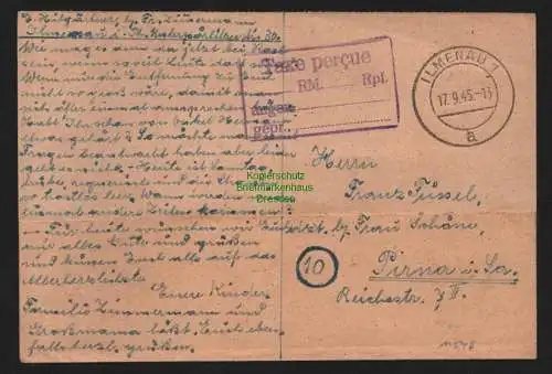 B11546 Postkarte Ilmenau Gebühr bezahlt 1945 Taxe percue nach Pirna