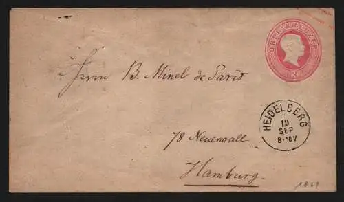 B11719 Brief Baden U12 Ganzsache Heidelberg 1869 nach Hamburg