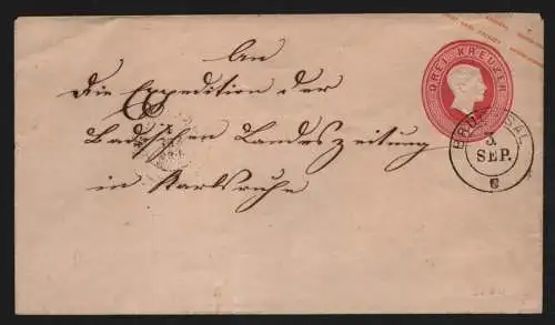 B11716 Brief Baden U9 Ganzsache Bruchsal nach Karlsruhe Badische Bahnpost 1863