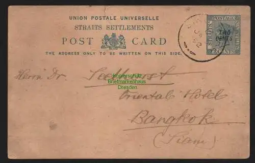 B11524 Ganzsache Straits Settlements Singapore 1892 Aufdruck nach Bangkok Siam