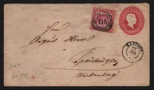 B11698 Brief Baden 18 auf Ganzsache Drei Kreuzer NS 115 Rastatt nach Spaichingen