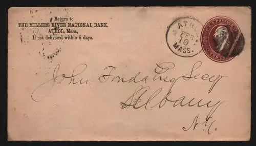 B11857 USA Brief 1887 Athol Massachusetts to Albany The Millers River national B