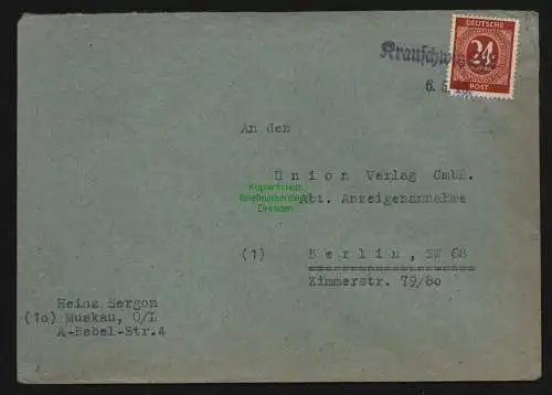 B11954 SBZ Brief Notstempel Krauschwitz Ost 6.5.46 nach Berlin Abs. aus Muskau