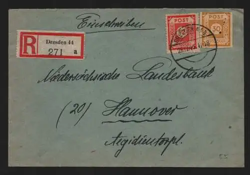 B12428 SBZ 60, 63 Einschreiben 1945 Dresden nach Hannover Niedersächsische Land