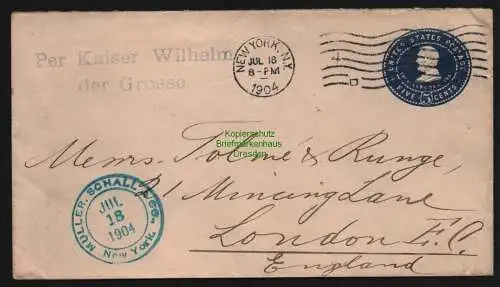 B11989 Ganzsache USA 1904 Lincoln Five cants New York per Schiffspost Kaiser