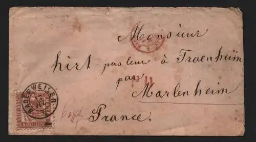 B12473 Brief Badenweiler 1869 Baden 20 nach Marlenheim Frankreich France PD