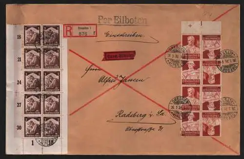 B12277 Brief DR Einschreiben Eilboten Dresden 1935 nach Radeberg 4x KZ 24 Passer
